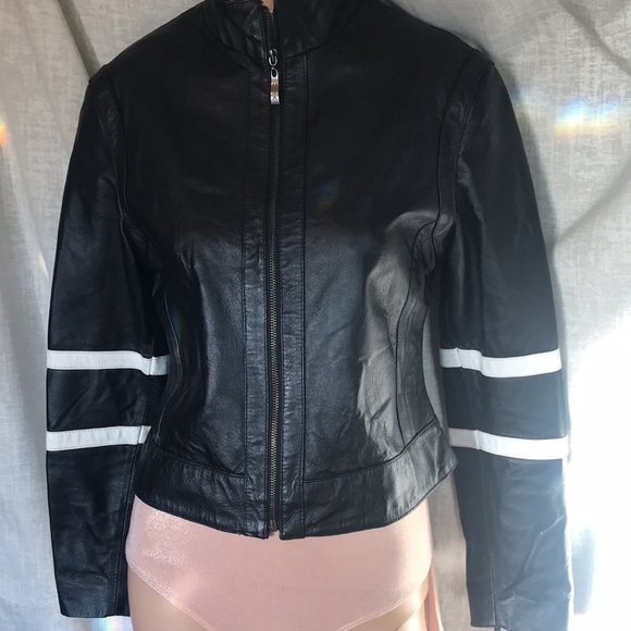 Vintage, classic, Leather U.S.A., fitted jacket, black with white racing bands. - Picture 3 of 8